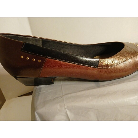 80s Selby Comfort Flex Colorblock Browns/Black Leather Gold Dots Low Heel 9.5 - Picture 4 of 16